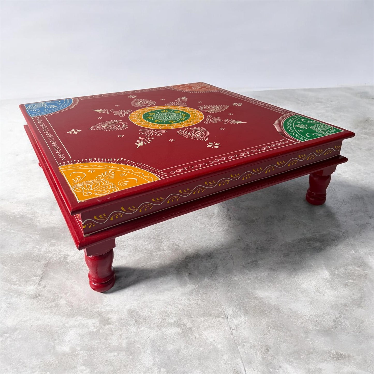 The Royal Rajasthani Chowki: A Symphony of Wood & Color | Wooden Seat 52 cm x 52 x 16 cm