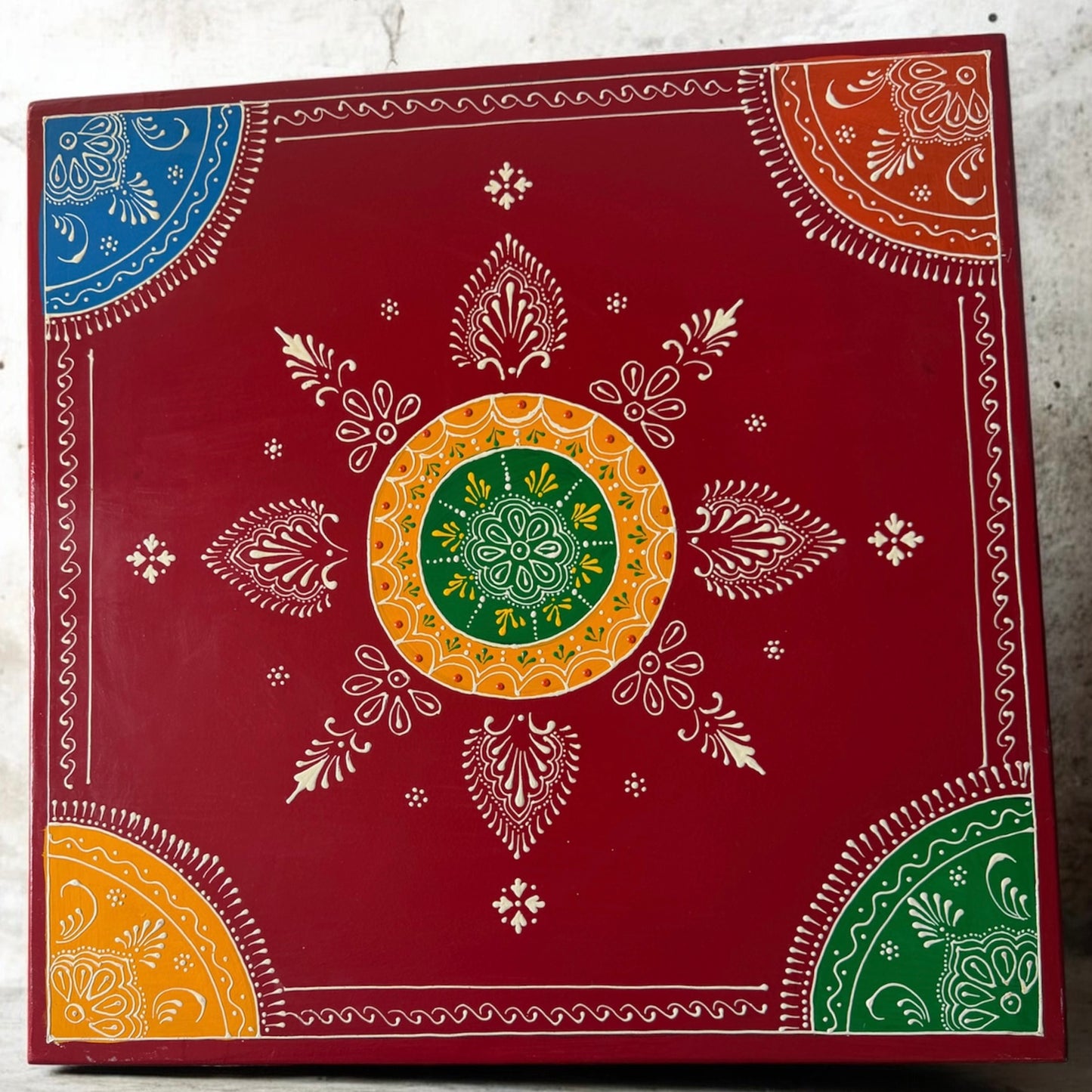 The Royal Rajasthani Chowki: A Symphony of Wood & Color | Wooden Seat 52 cm x 52 x 16 cm