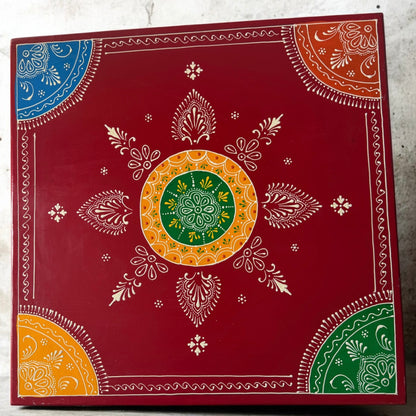 The Royal Rajasthani Chowki: A Symphony of Wood & Color | Wooden Seat 52 cm x 52 x 16 cm