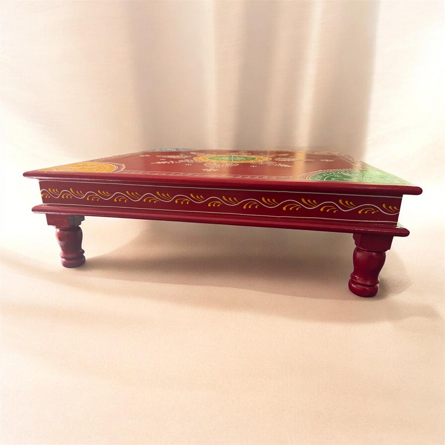 The Royal Rajasthani Chowki: A Symphony of Wood & Color | Wooden Seat 52 cm x 52 x 16 cm